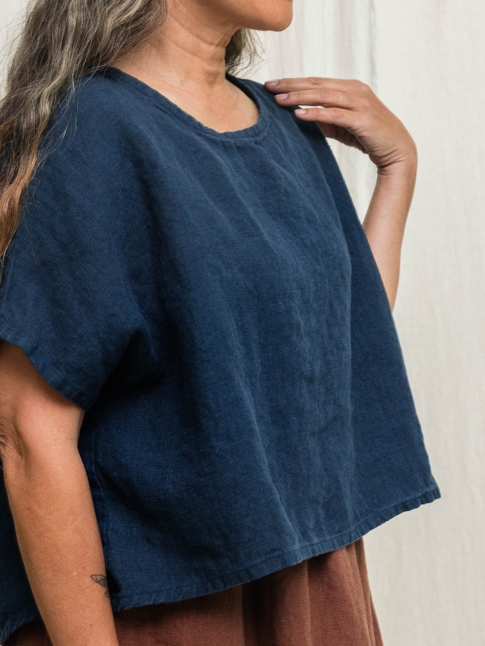 Meo Meli Italian dark blue shirt top 50% linen 50% cotton Lagenlook Medium
